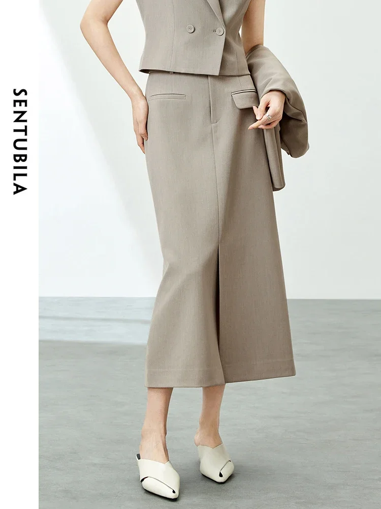 SENTUBILA Elegant Commute Straight Skirts for Women 2024 Spring Summer Office Lady Fashion Split Skirt Woman Clothing 141Q53580