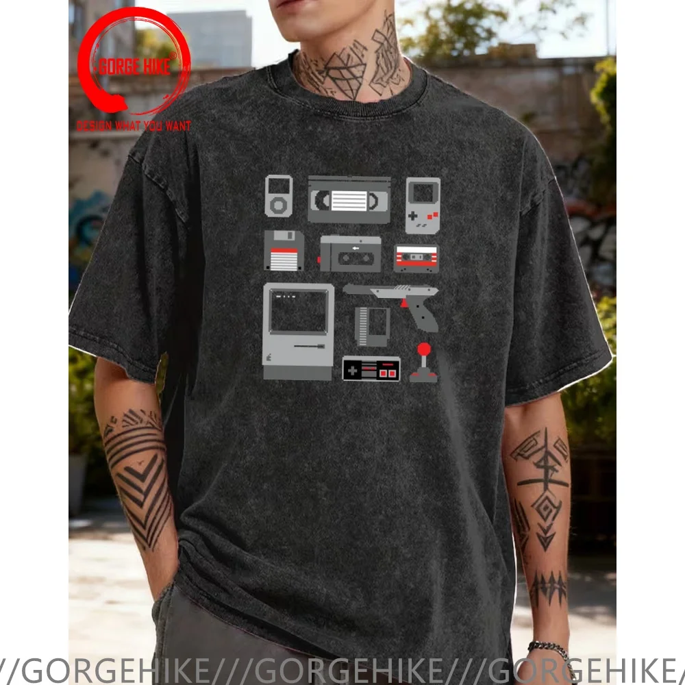 

Винтажная футболка из выстиранного хлопка с забавным дизайнерским принтом в стиле 70-х 80-х годов, пиксельные воспоминания, мужская модная повседневная одежда, стильные топы