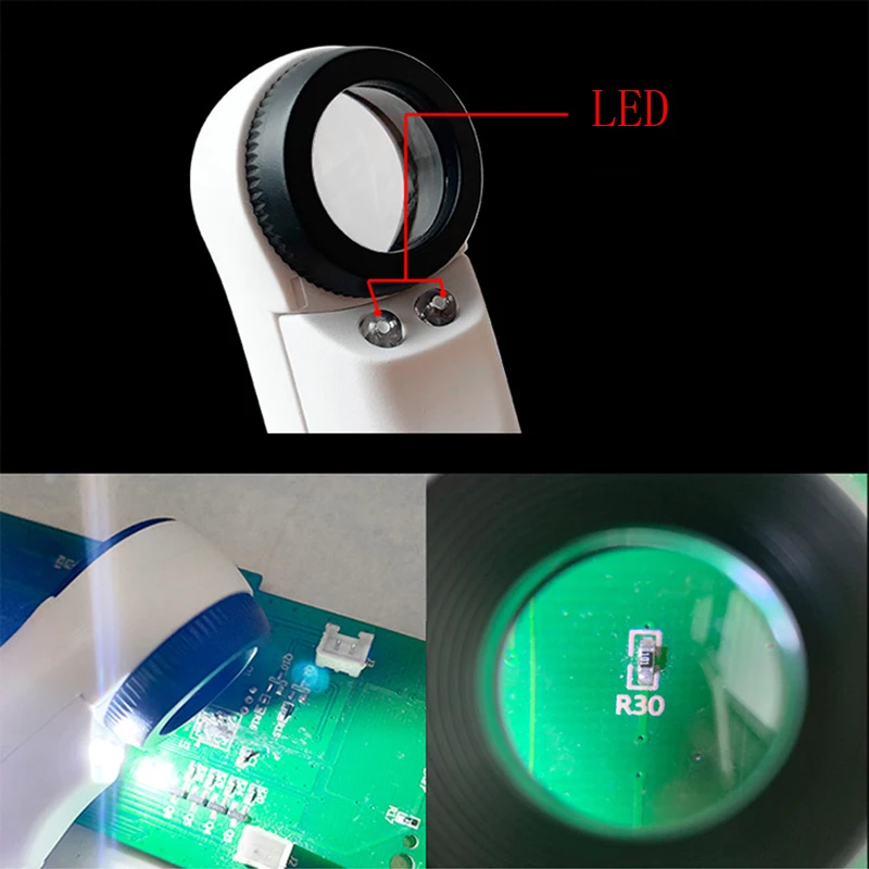 30X Handheld Lupa Lupa Lupa Lupa de Bolso Portátil Ferramenta Profissional Com 2 DIODO EMISSOR de Luz