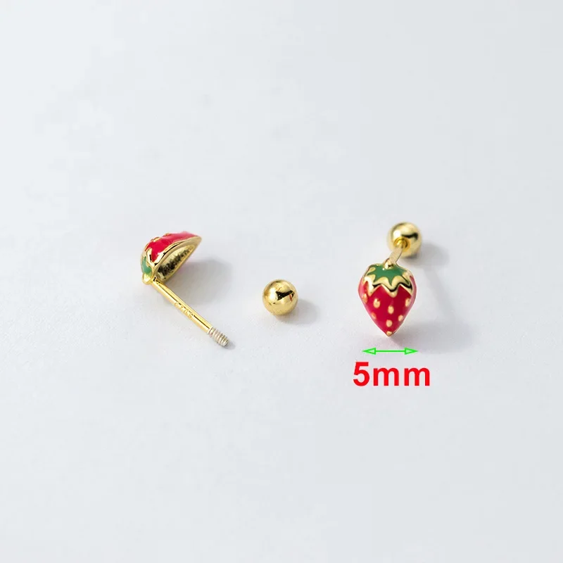 SOFTPIG Real 925 Sterling Silver Strawberry Bead Screw Mini 18K Stud Earrings for Women Trendy Fine Jewelry Fruit Accessories