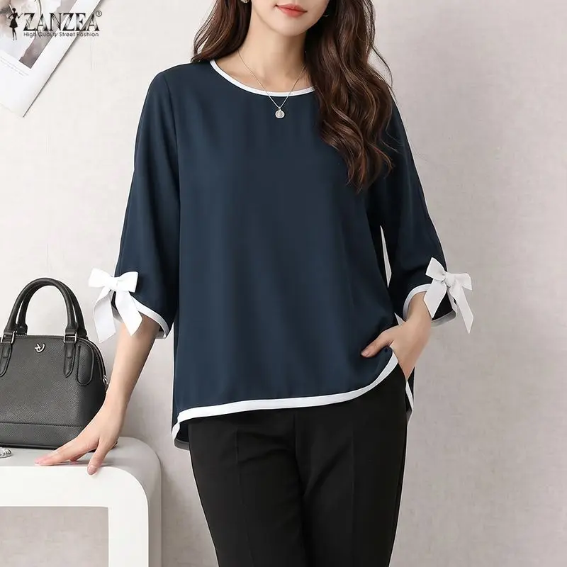 

ZANZEA Summer Women 3/4 Sleeve Patchwork Blouse Stylish Bows Tops Casual O Neck Loose Work Shirt Femme Holiday Blusas Mujer 2026