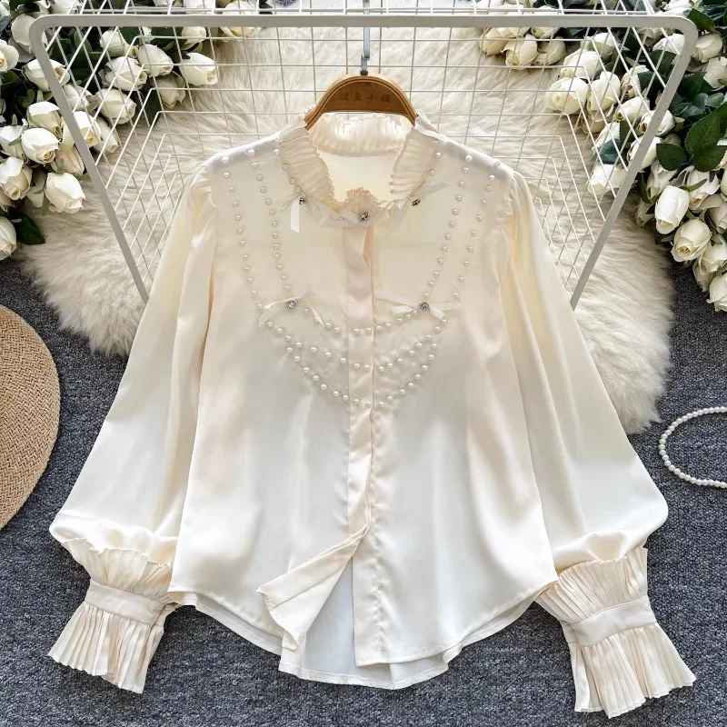 2025 Spring New Vintage French Women Clothing Blusas Mujer Beading High Grade Blouses O Neck Pleated Bowknot Chic Satin Shirts