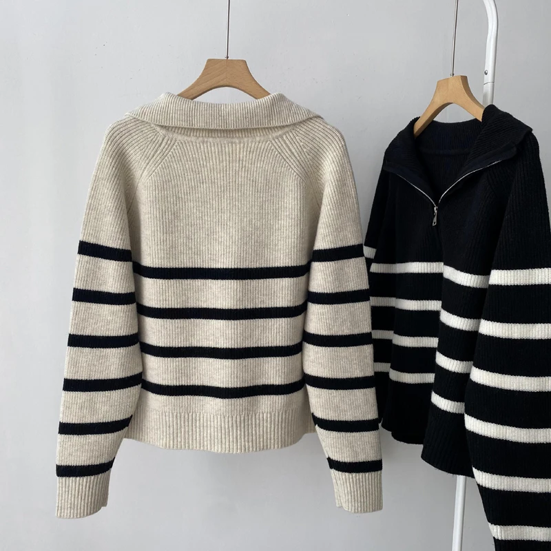 2024 Autumn/Winter New Half Zipper Casual Navy Stripe Sweater Thickened Small Casual Versatile Lazy Style Knitted Sweater