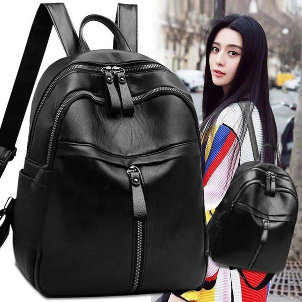 Simple PU Leather Women Backpack Black Large Capacity Shoulder Bags Waterproof Travel Bag Gift - view 3