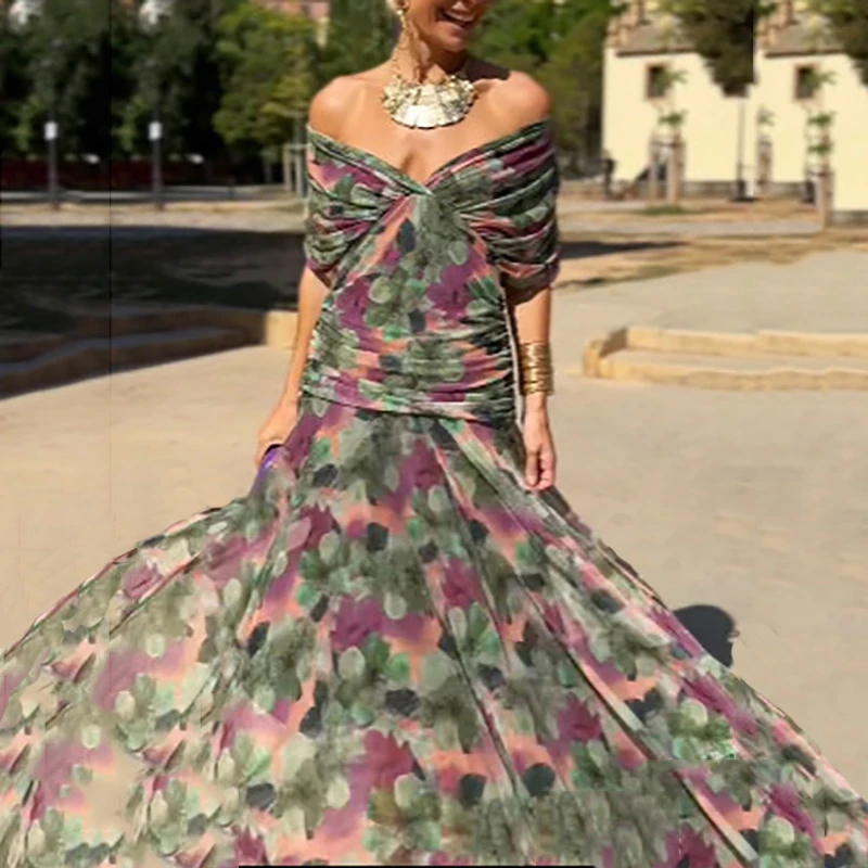 elegant dress sex Women's Bat Sleeve Swing Party Sex Dress Women's Elegant Low Breast  Cocktail Party Dress Printed Pleated Party Mesh Long Dress