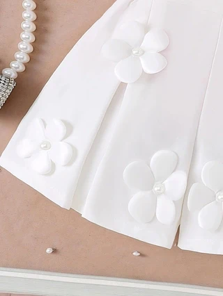 Rosa geripptes Tanktop für Mädchen, 2-teiliges Set, ärmelloses 3D-Blumentop mit floral verziertem, plissiertem Skort, Kinderoutfit – Detail 5