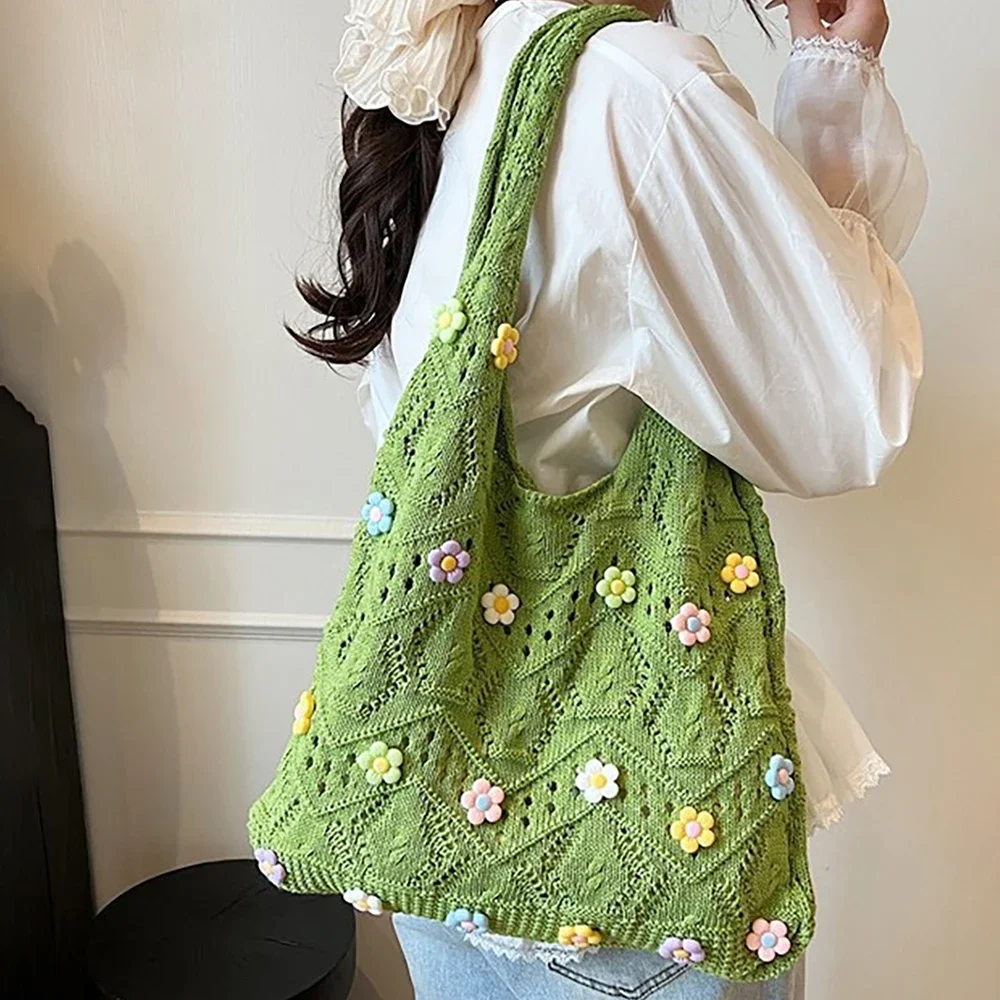 

Sweet Flowers Woven Totes Bag Women Seaside Vacation style Beach Bag Summer Casual Large Capacity Underarm Shoulder Bags