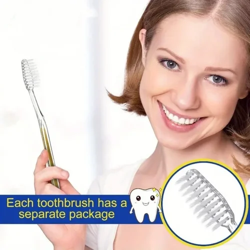 Imagen 2 del producto 100 cepillos de dientes desechables de viaje empaquetados individualmente, artículos de tocador de pelo suave para adultos, camping, invitados en hotel [Oro]