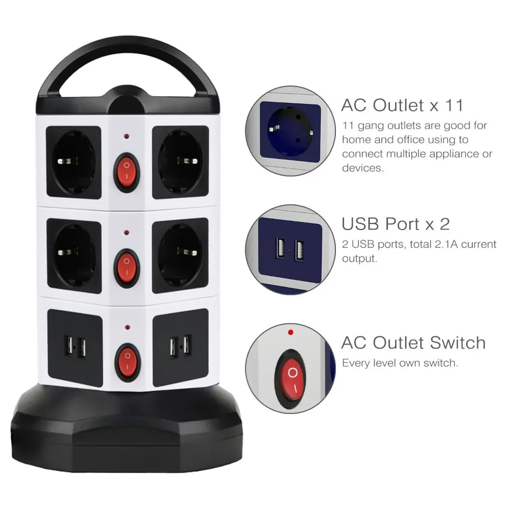 Melery Tower Steckdosen leiste vertikale Steckdosen EU-Steckdosen USB-Anschlüsse individuell Schalter 1,8 m einziehbares Verlängerung kabel
