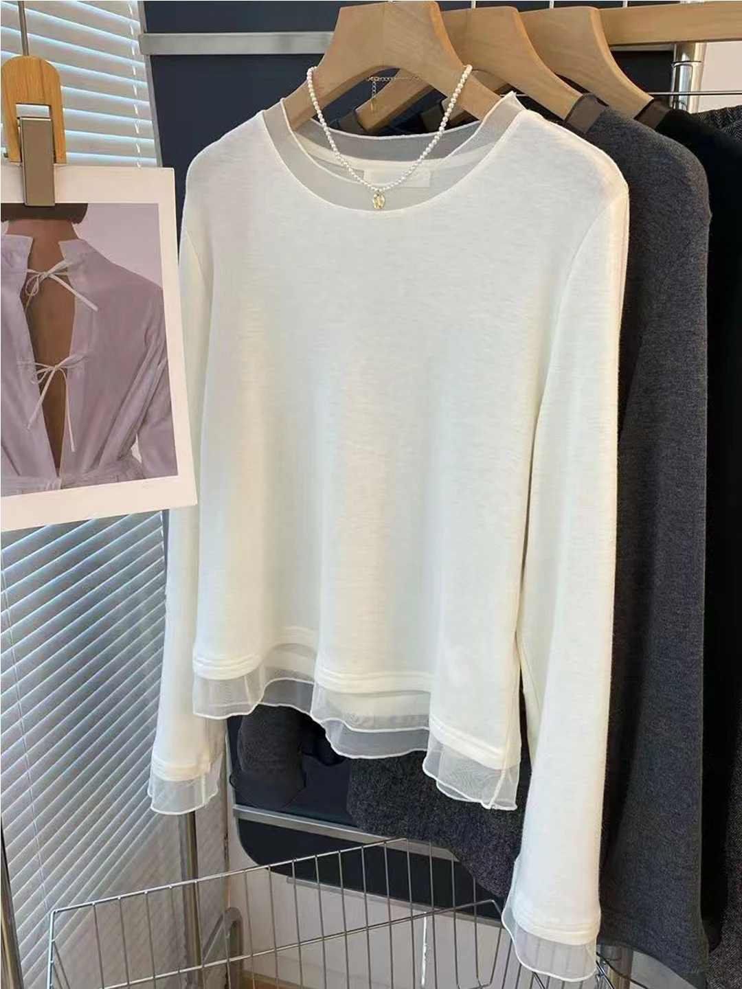 

Мягкая свободная женская футболка с эффектом двухслойности, осенне-зимняя, с длинным рукавом, повседневная, приталенная, с круглым вырезом