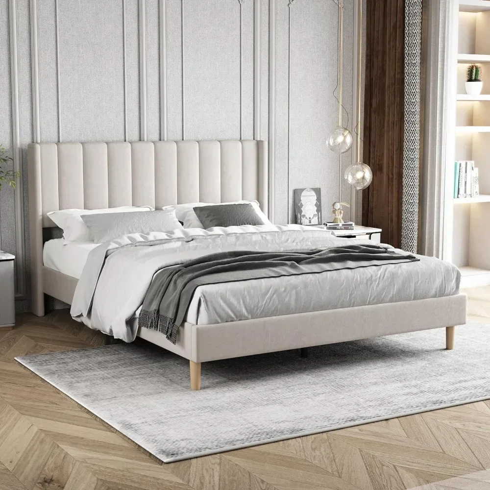 Queen Size Bed Frame with Headboard, Strong Wooden Slats Support, Upholstered Platform Bed Frame