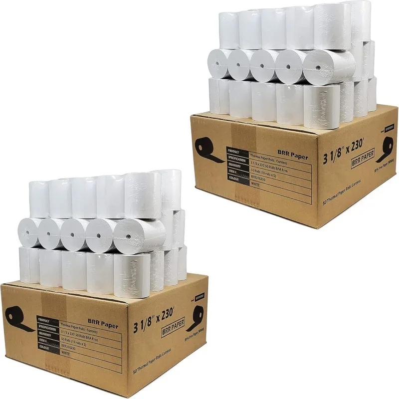 (55 GSM Paper Thickness Coreless) 3-1/8 x 230' (100 Rolls - 2 Cases) Bpa Free Thermal Receipt Printer Paper | No Branding | Bla