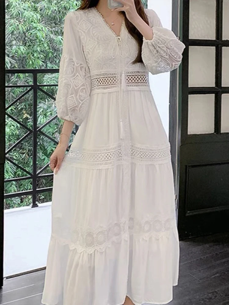 

Vintage Boho Dress Women White Lace Long Dresses Female Summer Hollow Out Long Sleeve Dress Ladies Casual Beach Holiday Vestidos