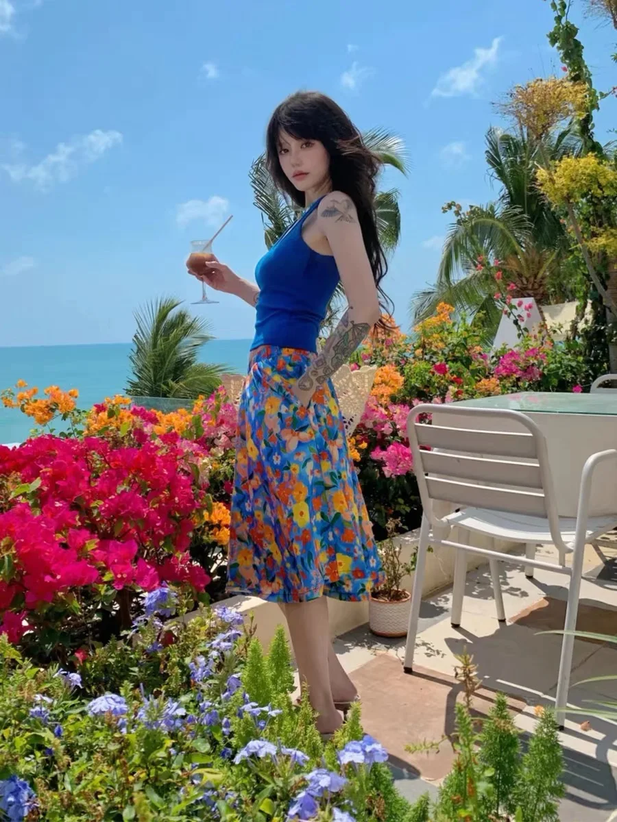 Summer Vacation Island Style Floral Print Dress Set Women's Unique Beautiful Long Skirt Soft Medium Elastic A-Line Silhouette