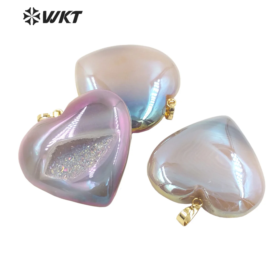 WT-P1802 WKT Procurement Natural Stone Luxury Pendant Druzy Aura Agate Heart Shape AB Color Big Charms For  Women's Party Gift