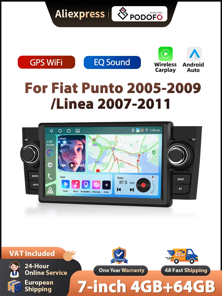 Podofo 7'' Wireless CarPlay Autoradio für FIAT Punto 2005-2009/Linea 2007-2011 Android GPS Autoradio FM/RDS BT EQ Auto-Stereoanlage