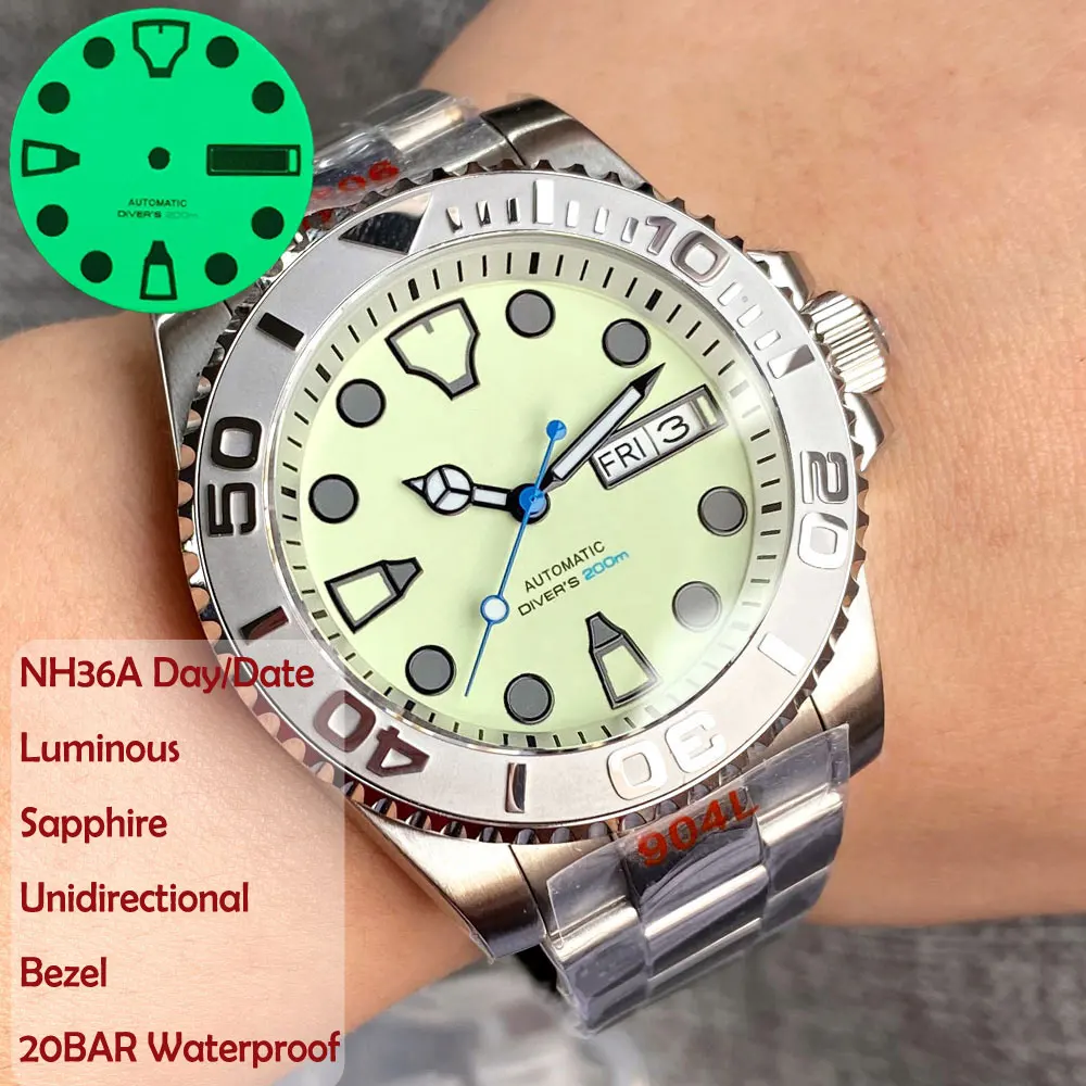 

Tandorio NH36 Day Date Automatic Watch for Men Diver Mechanical Movement Sapphire 20BAR Waterproof 316L Glide Lock Bracelet 40mm