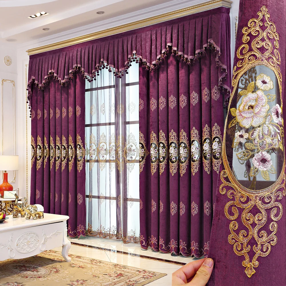 

Custom curtain European atmosphere Chenille embroidered living room purple cloth blackout curtain tulle valance drape C1562