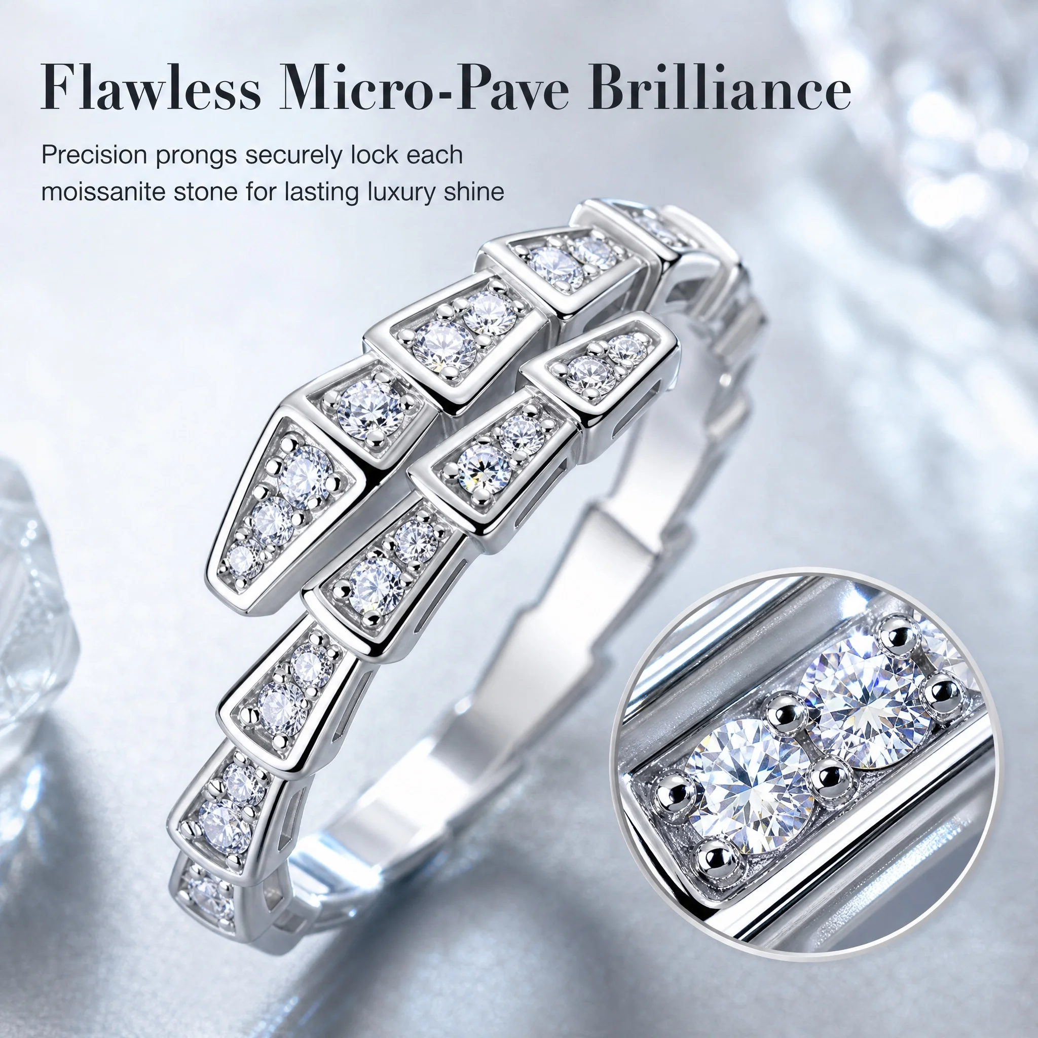 Snake Design Full Paved Sparkling D VVS1 Moissanite Diamond 18K Gold Plated S925 Silver Open Ring