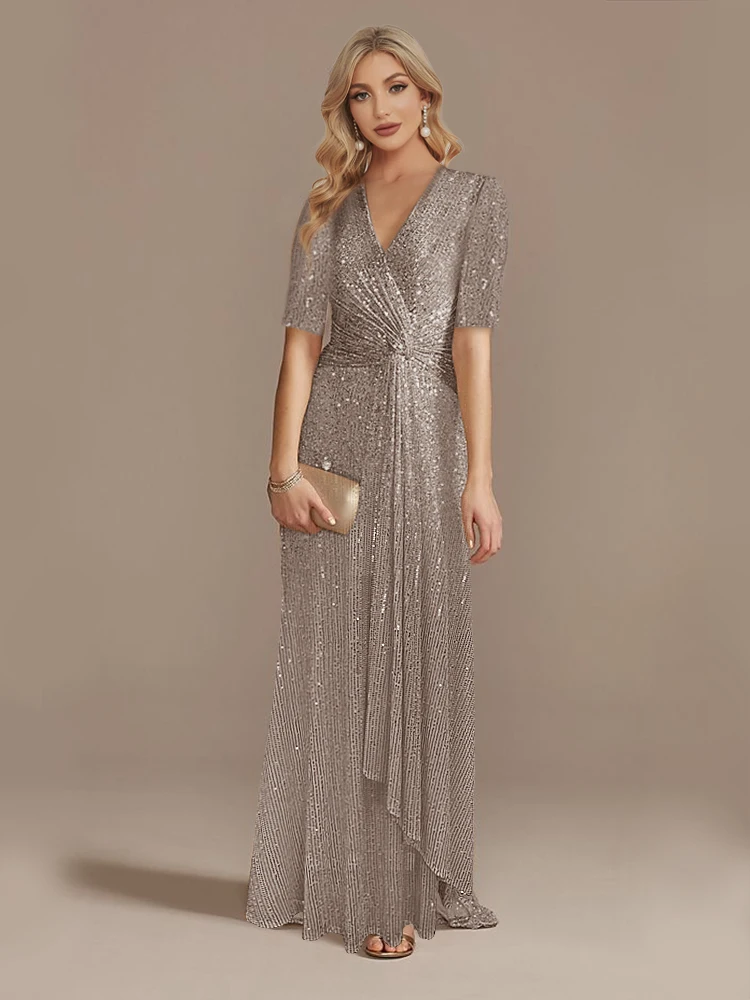 XUIBOL-Robe de Soirée Longue à Paillettes pour Femme, Tenue de Bal Formelle, Manches Courtes, Col en V, Maxi, Luxe, 2024