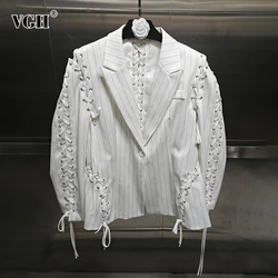 VGH Striped Patchwork Lace Up Casual Blazers For Women Notched Collar Long Sleeve Spliced Button Minimalist Blazer Female New