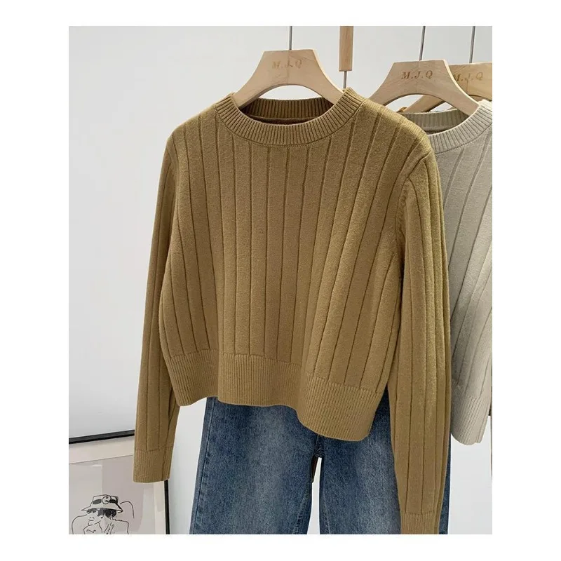 Jersey de color sólido para mujer, suéter suelto con cuello redondo, suéter de otoño e invierno