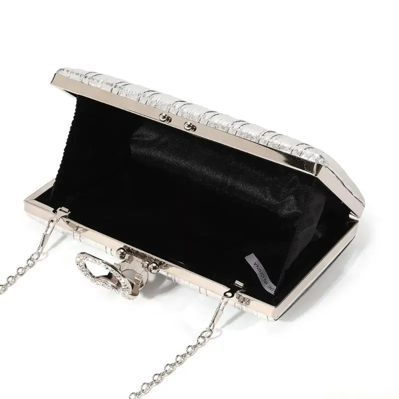 

X90D Elegant Metallic Pleated Evening Bag Rhinestones Lock Evening Party Purse For Women