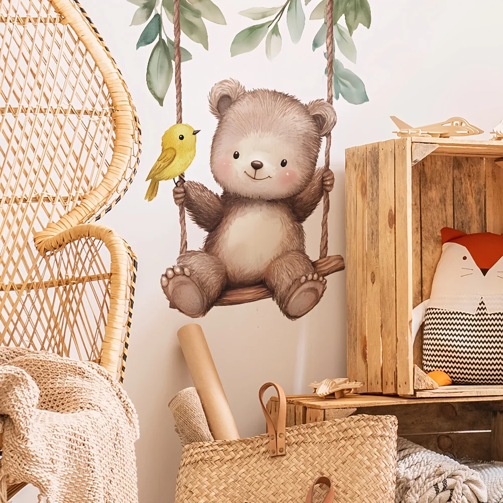 Watercolor Bear on Swing Bird Wall Stickers Decals Woodland Wildlife Travel for Living Room Bedroom Teen Dorms School Classrooms
