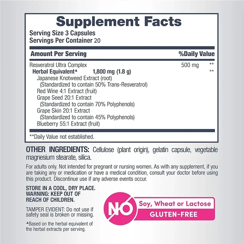 Resveratrol Complex 1800 Mg, 60 Capsules, Potent Antioxidant Supplement, Grape and Red Wine Extract