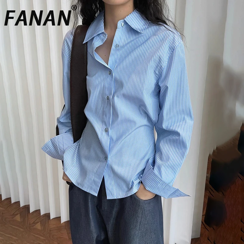 

FANAN Fashion Back Hollow Out Design Shirts For Women Lapel Single Breasted Gathered Waist Striped Blouses 2025 Autumn New