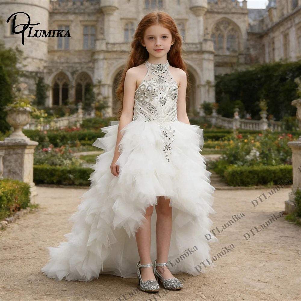 White High Low Flower Girl Dress – Halter Neck, Beaded Sequin & Tulle Ruffle – Princess Gown for Wedding, Birthday Party