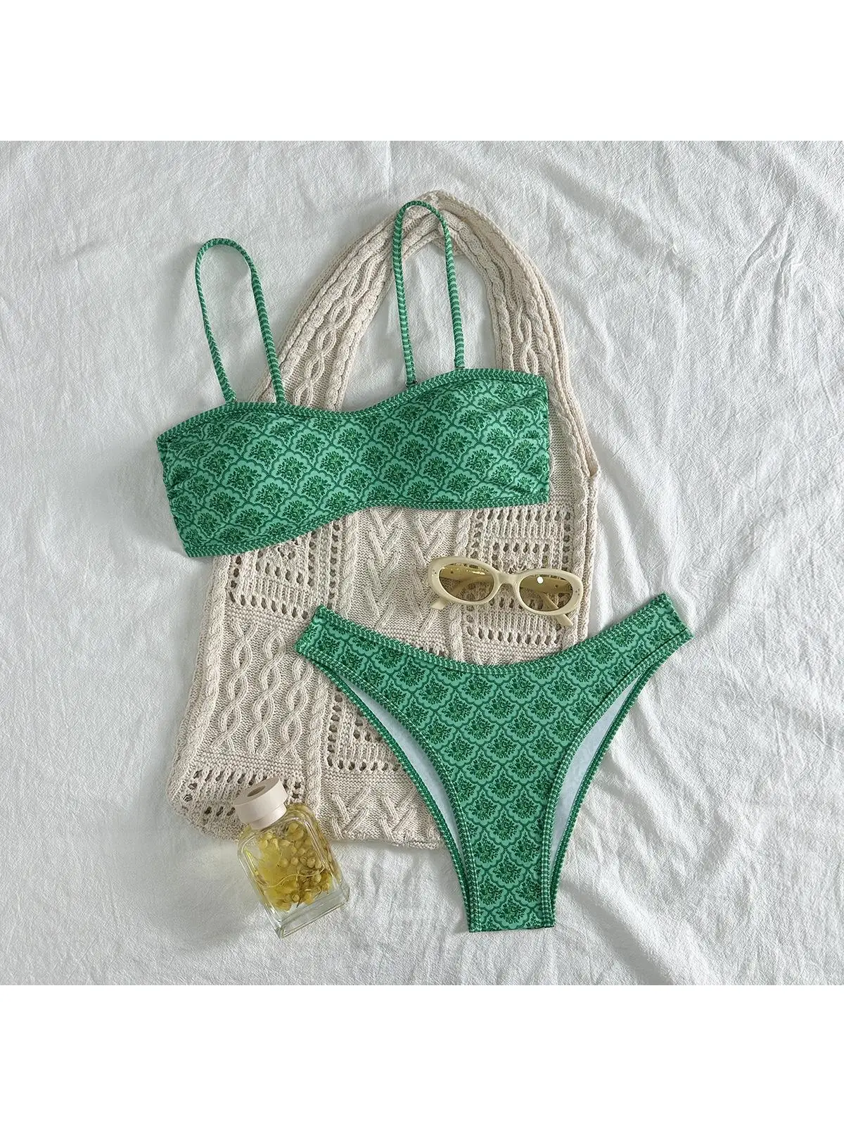 

Раздельный купальник-бикини с принтом и бретелями, женский, из полиэстера, без бренда