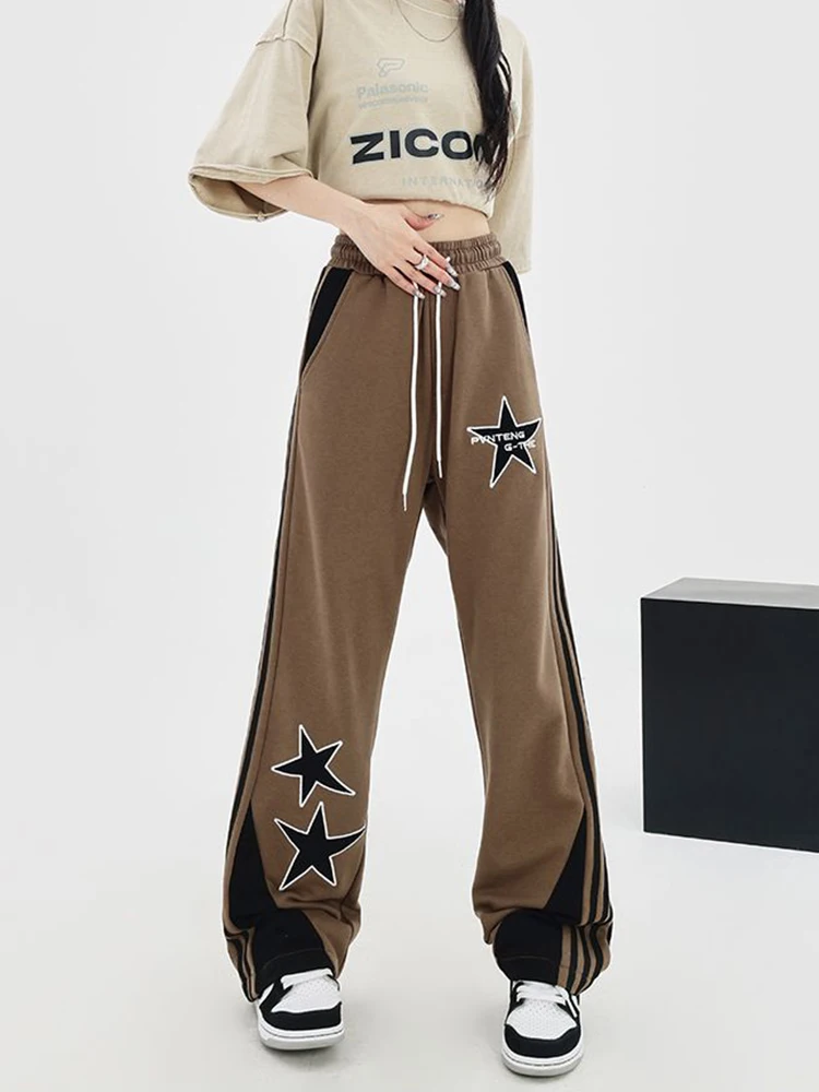 Zoki Women Harajuku Streetwear Stars Sweatpants American Hip Hop Retro Letter Print Casual Trousers Chic Striped Wide Leg Pants