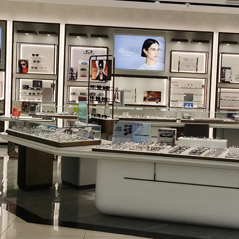 custom.Customized LED Lit Double-Sided Glass Display Cabinet with Wood Grain Mall & Supermarket Eyewear D