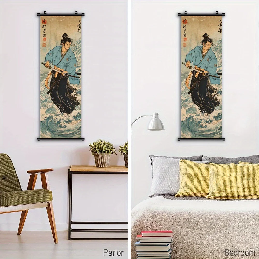 VIKAMA Samurai Wall Art Canvas Painting Blue Wave Japanese Decor Framed Poster Living Room Bedroom Home Office Decoration