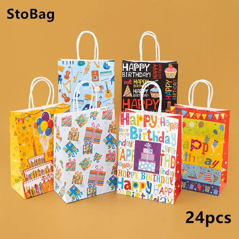 StoBag Birthday Party Paper Bag Packaging Candy Gift for Kids Baby Shower Decoration Chocolate Snacks Suppliy Wholesale 24Pcs