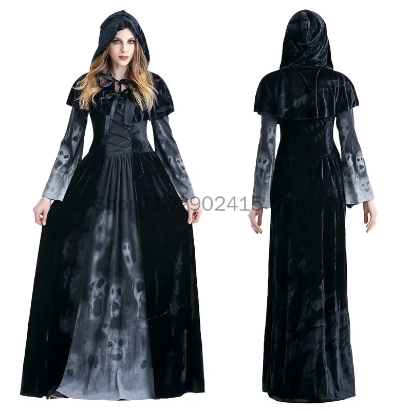 Mantello di velluto di Halloween da donna Costume cosplay medievale Fantasma nero Bambini adulti Abito con cappuccio Mantello da mago Wicca gotico Mantello da vampiro