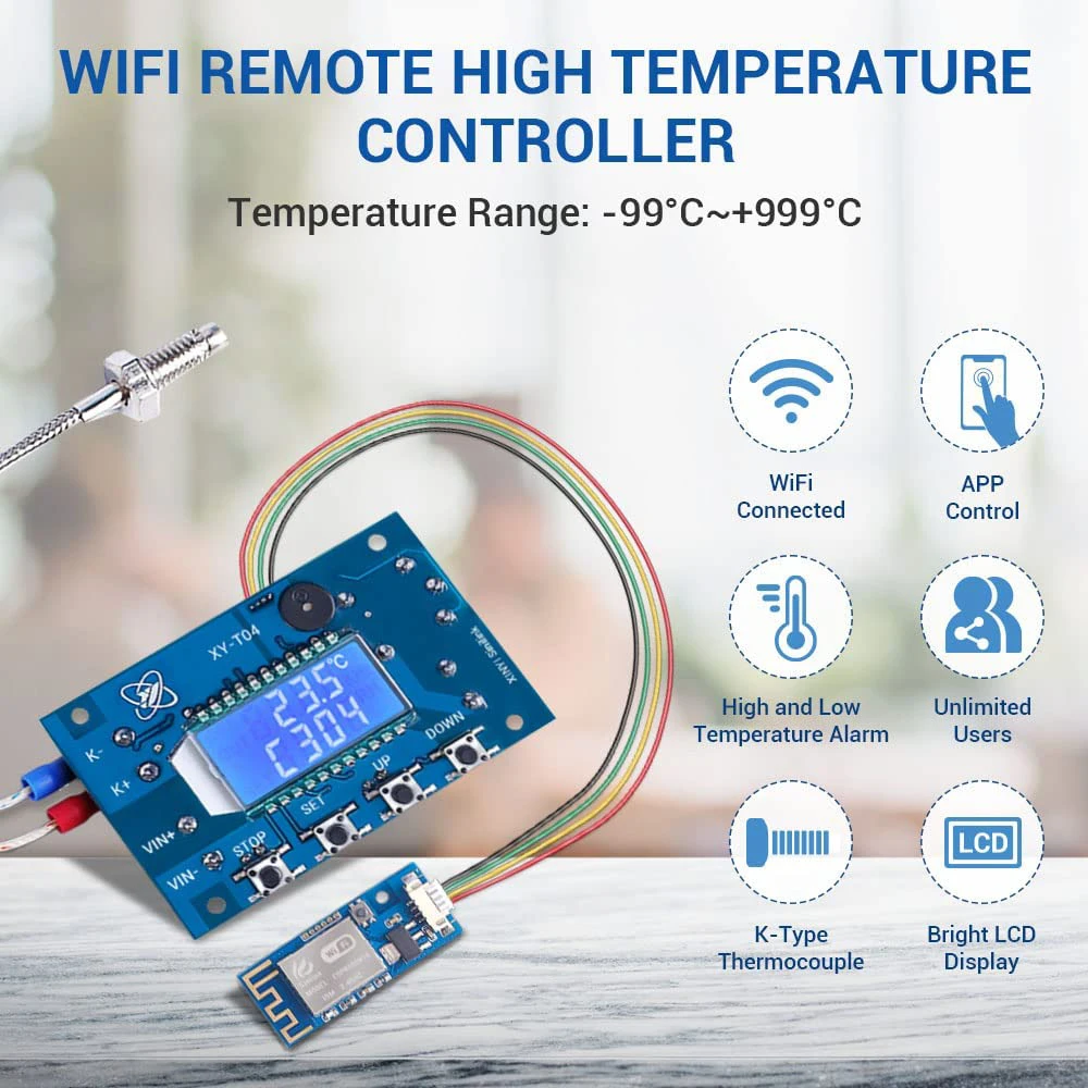 XY-WT04-W WiFi-Temperaturregler – Hochtemperatur-Digitalthermostat -99 Bis 999 °C, K-Typ Thermoelement, 10A Relais – Für Smart Home & Industrie Smart Home Temperatursteuerung 10A