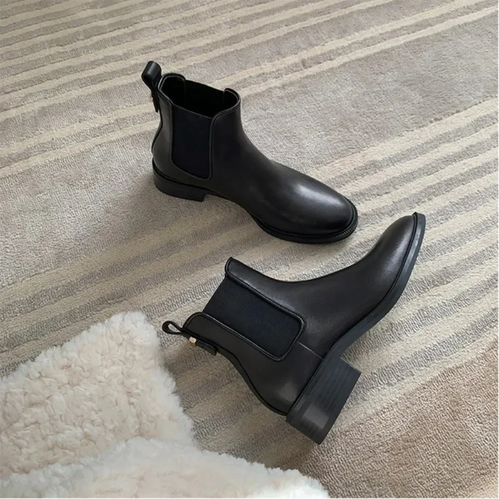 Womens Boots Autumn and Winter New Plush Round Head Small Thick Heel Genuine Leather Chelsea Short Boots for Women Shoes