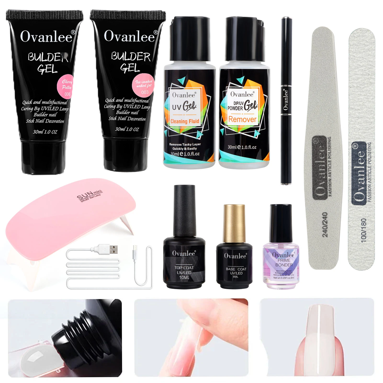 Ovanlee Gift Box Packaging 12pcs Complete Acrylic Nail Kit for Beginners with Keratin Powder Castor Oil Gel Polish, Nail Gel