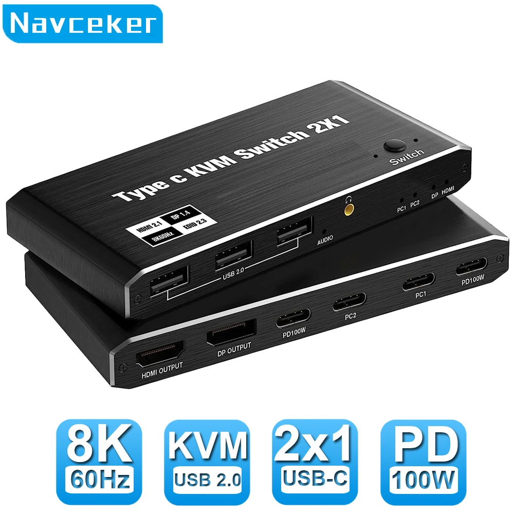 Navceker 썬더볼트 4 USB C KVM 스위치, 2x1 8K, 100W PD 충전, 4K 144Hz, C타입 스위치 스위처, 노트북 맥북 1 모니터용
