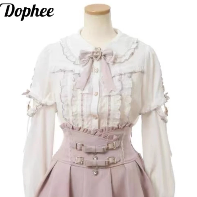 Dophee Landmine System Women Blouses Cute Removable Lace Splicing Long Sleeve Shirts Japan Style Love Diamonds Button Casual Top