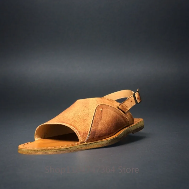 Summer Handmade Design Retro Flat Bottom Genuine Leather Fashion Sandals Men's Beach Shoes Youth Casual Open Toe Work Outdoor