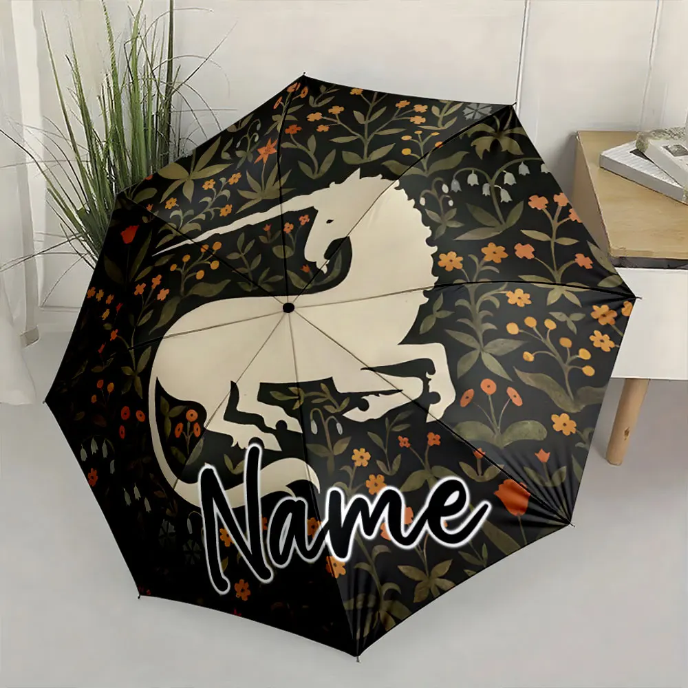 Custom Name Umbrella Elegant Unicorn Umbrella with Floral Design Print 8 Iron Ribs Folding Umbrella Auto-Open Fashion Sunshade