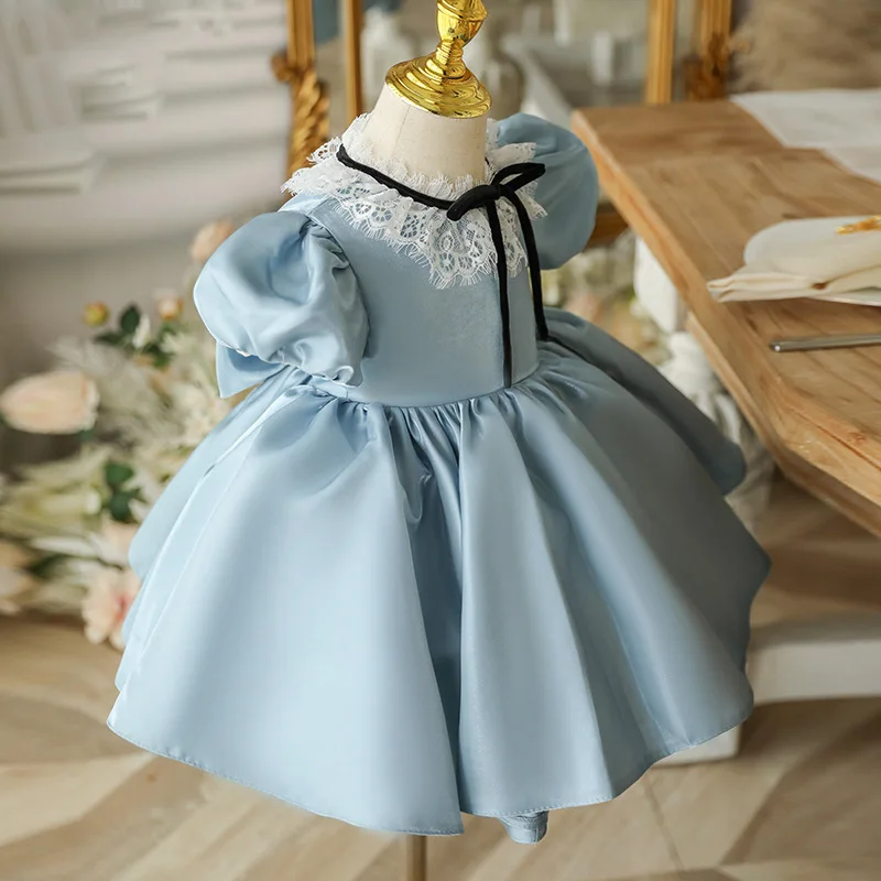 Customized New Exquisite Lace Appliques O-neck Princesses Dresses High End Spring Summer Blue Ball Gown Luxury Flower Girl Vesti