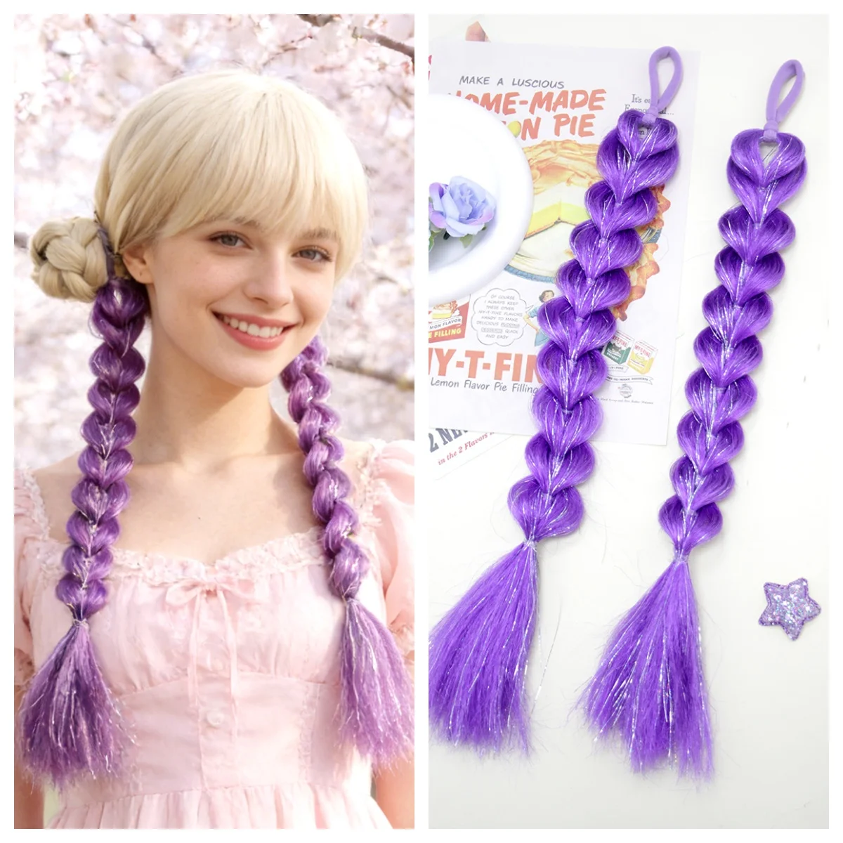 

Sweet Dreamy Purple Braided Synthetic Wig Extensions, Purple Shimmery Hair Double Ponytail Accessories, Perfect for Daily