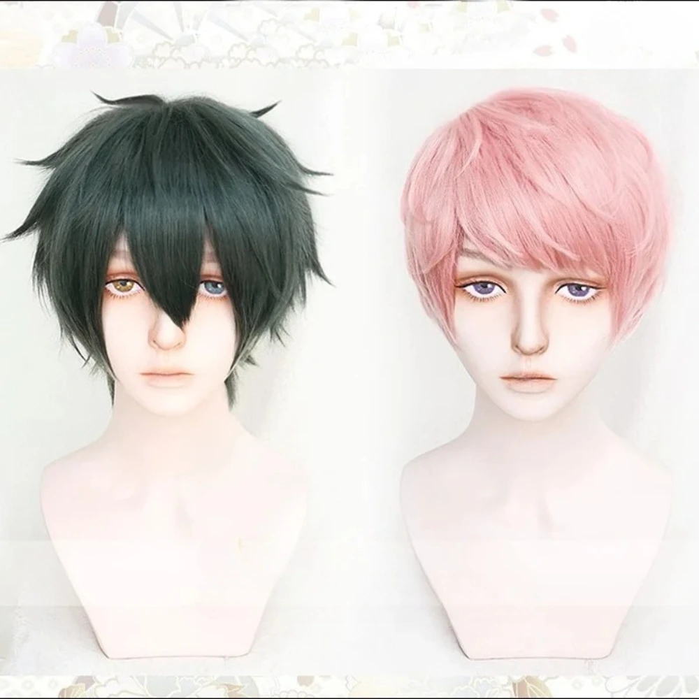 Conjunto estrelas cosplay perucas mika kagehira shu itsuki perucas curto verde rosa cabelo sintético resistente ao calor halloween peruca livre boné