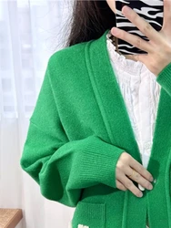 Women's green knitted cardigan embroidered French brand knitted lettering women's winter warm clothes elegant tops