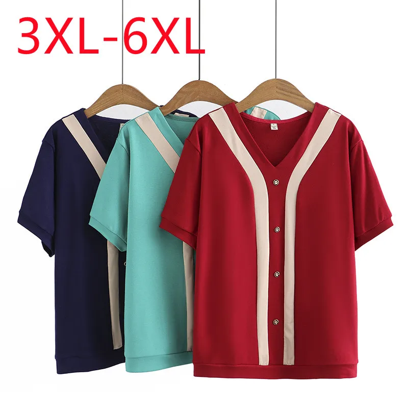 New 2023 Ladies Spring Summer Plus Size Tops For Women Large Size Short Sleeve V-neck Red T-shirt 3XL 4XL 5XL 6XL