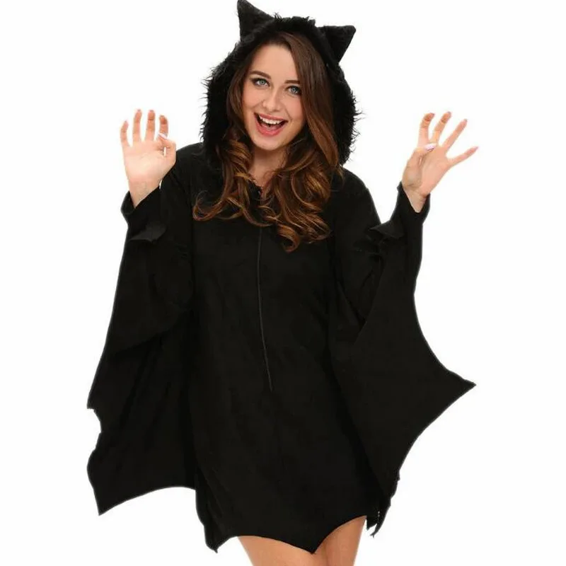 Women Girls Halloween Bat Costume Fluffy Animal Cosplay Anime Hoodie With Ears Wings Mother Daughter Vampire Costume Fancy Dress